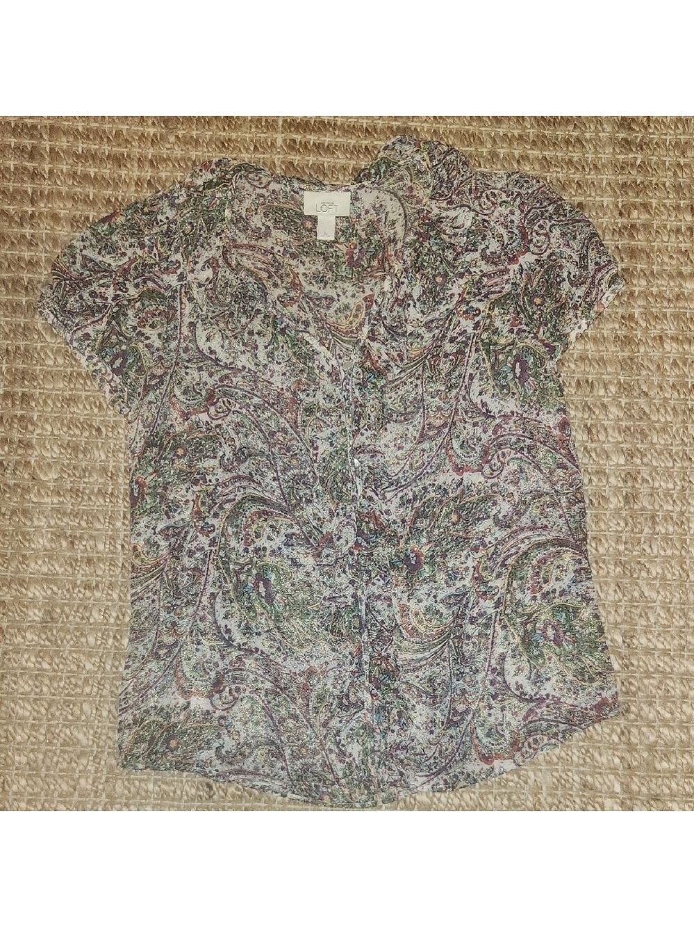 LOFT Paisley Sparkly Classic Lightweight Buttonup Shortsleeve XL Blouse
